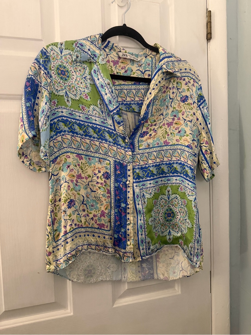 Zara Women’s M Floral Paisley Scarf Print Button Front Shirt Blue Green